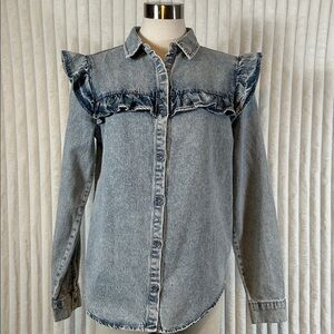 Vylette vintage inspired acid wash ruffle trim denim button down shirt. L